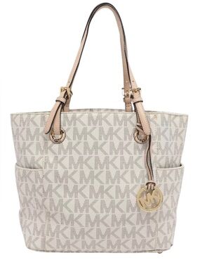 Michael Kors Jet Set Cream-Beige Logo Tote with Gold Hardware Signature print
